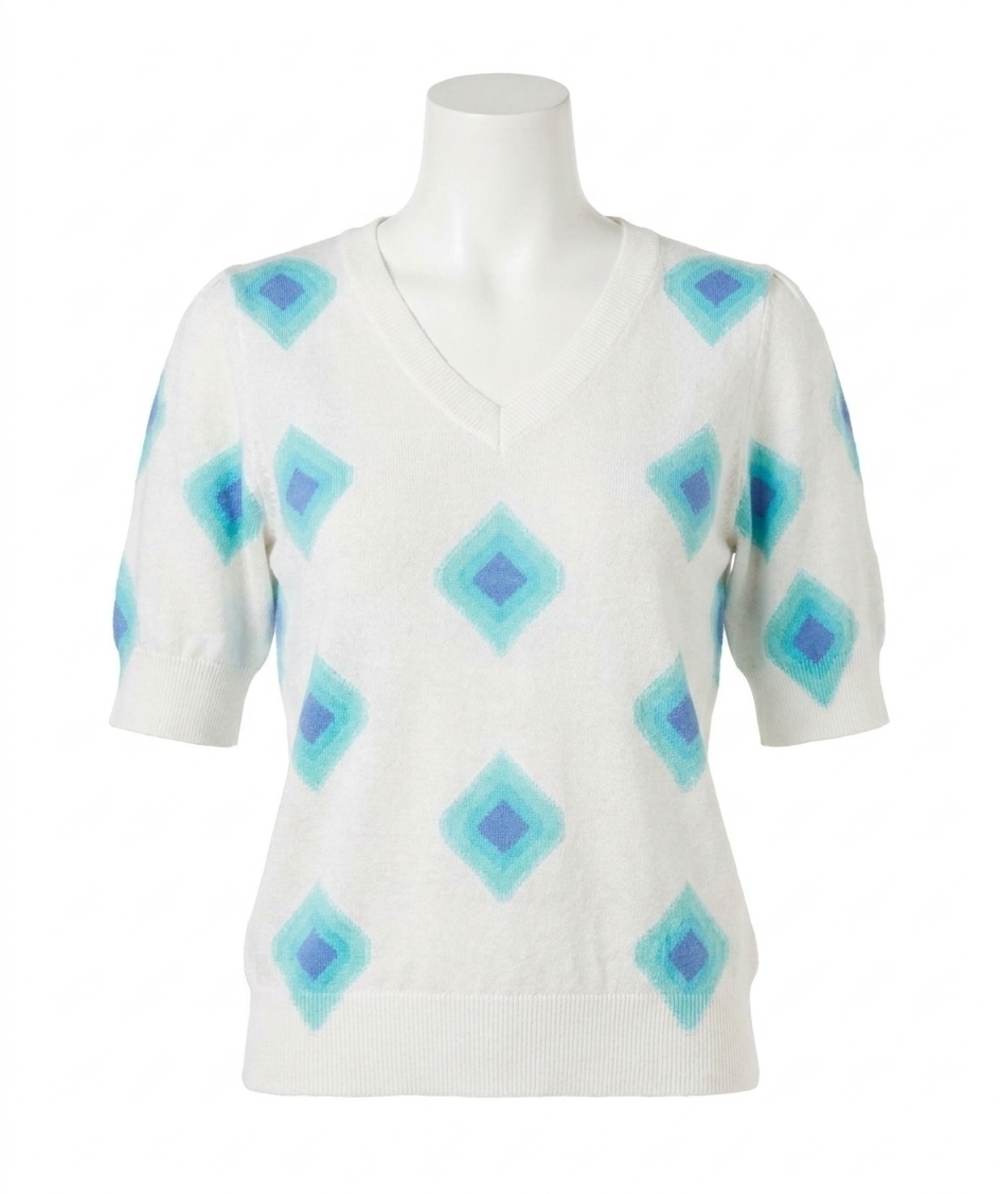NEW ESQUALO geneva geo printed lightweight sweater in white blue aqua